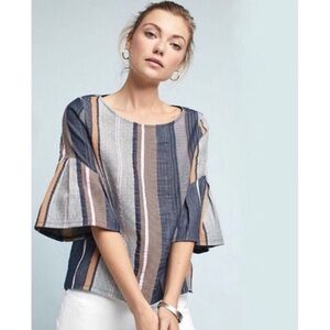 Anthropologie Blue and Tan Striped Blouse